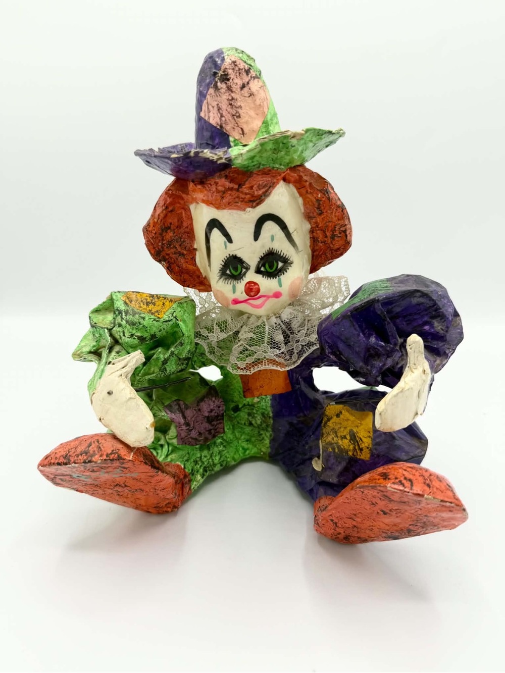 Vintage Paper Mache Clown Mexico  Handmade Sitting